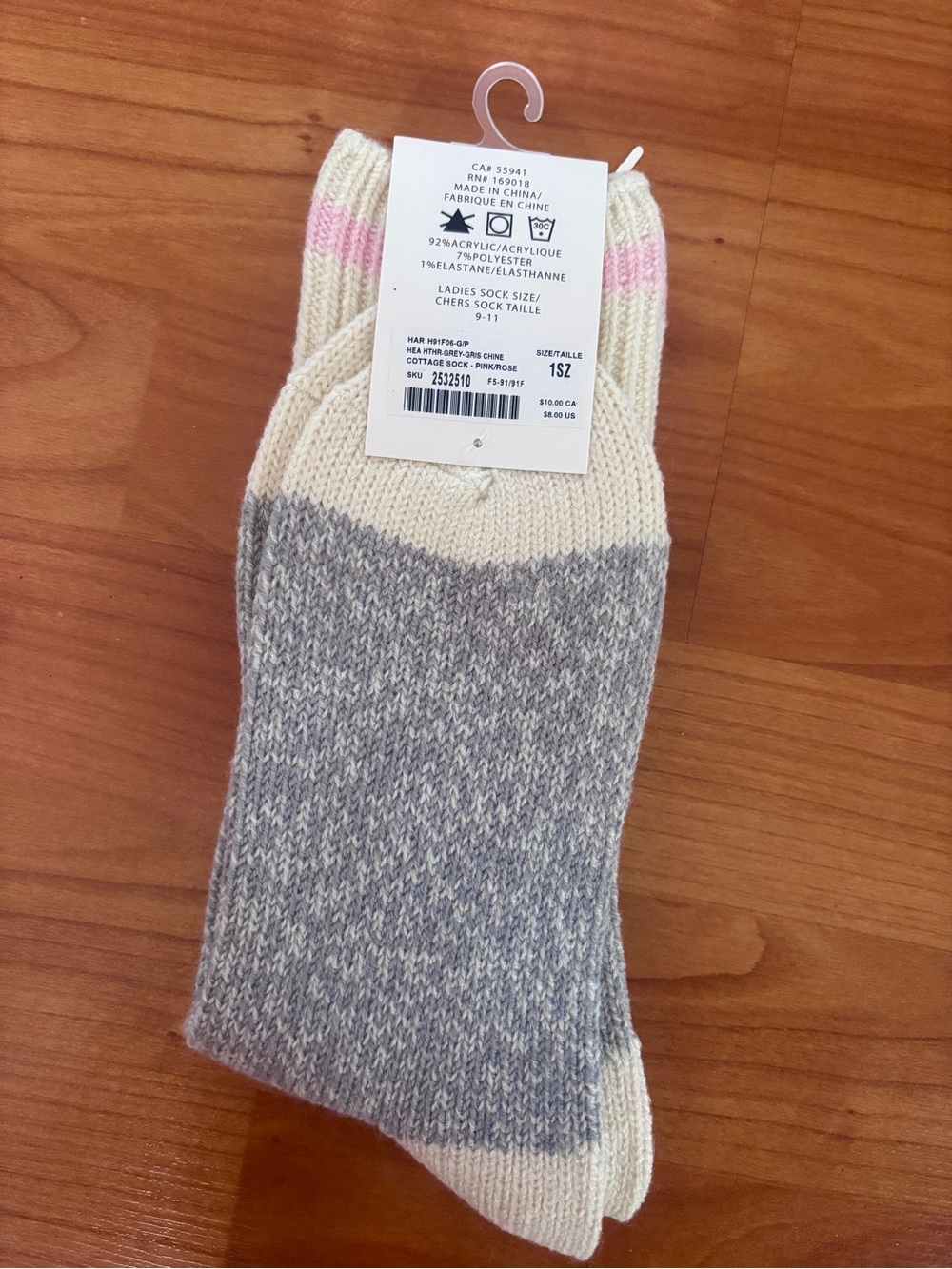 Grey & Pink Cottage Crew Winter Socks with White Trim - Picture 2 of 2